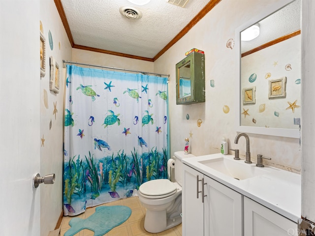 2381 Swan Island Rd Lot # 16, Corolla, NC 27927 - full bathroom featuring visible vents, toilet, vanity, crown molding, and a textured ceiling