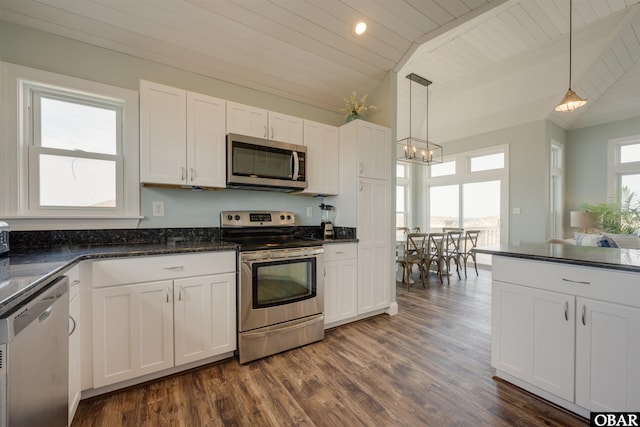 kitchen with wooden ceiling, appliances with stainless steel finishes, white cabinetry, pendant lighting, and lofted ceiling