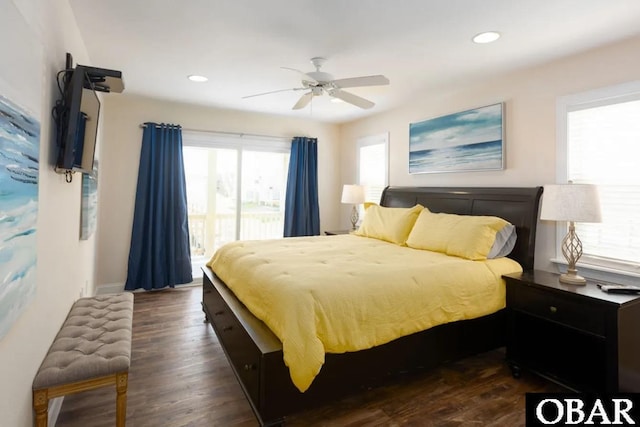 bedroom featuring a ceiling fan, access to outside, recessed lighting, and dark wood-style floors