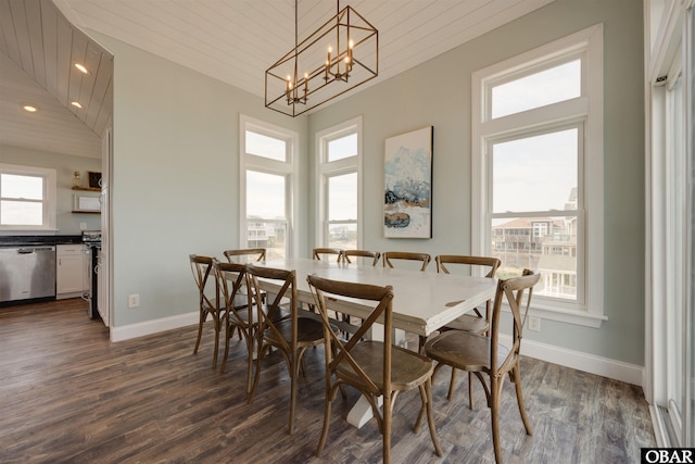 dining space with baseboards, a chandelier, recessed lighting, dark wood-style floors, and wood ceiling