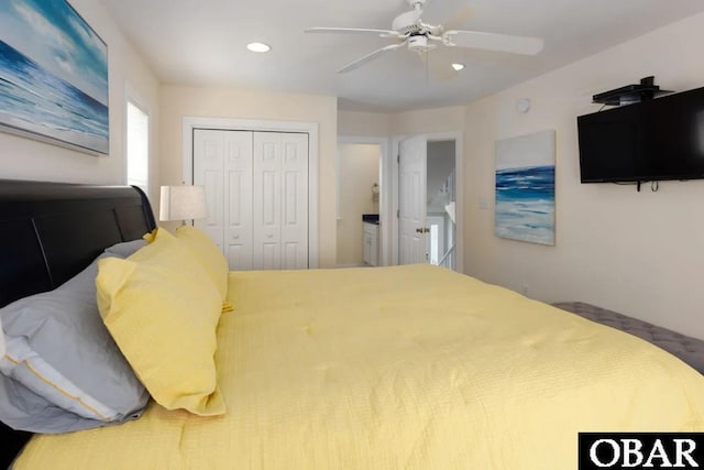 bedroom featuring recessed lighting, a closet, and ceiling fan
