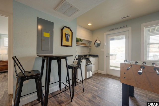 playroom featuring visible vents, baseboards, electric panel, a sink, and wood finished floors