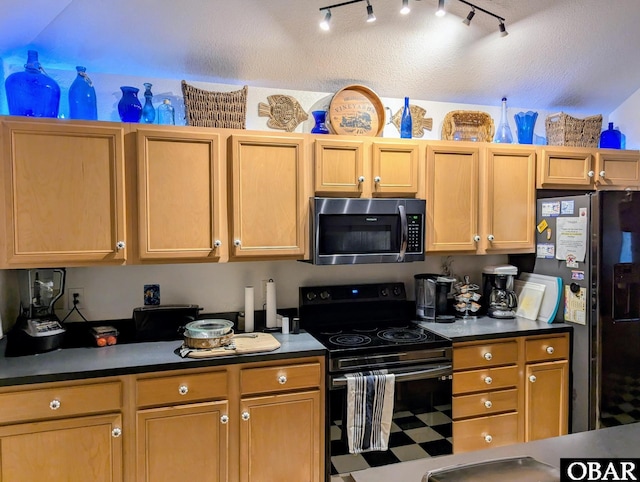 27211 Dory Rd Lot 22, Salvo, NC 27972 - kitchen featuring stainless steel microwave, black range with electric stovetop, fridge with ice dispenser, rail lighting, and dark countertops