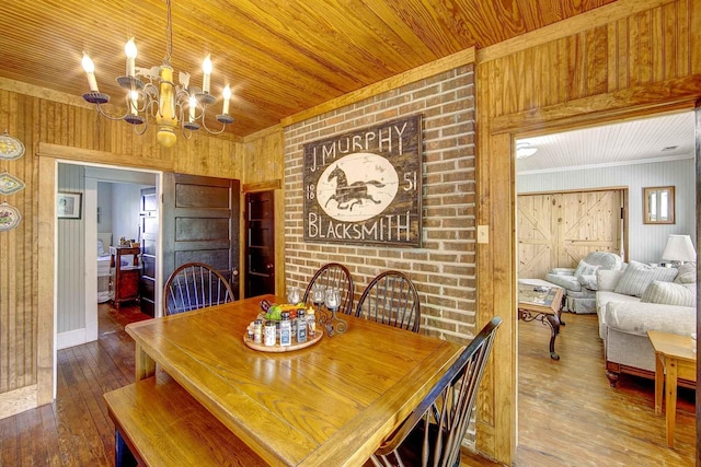 dining area with wood walls, an inviting chandelier, wood ceiling, and hardwood / wood-style floors