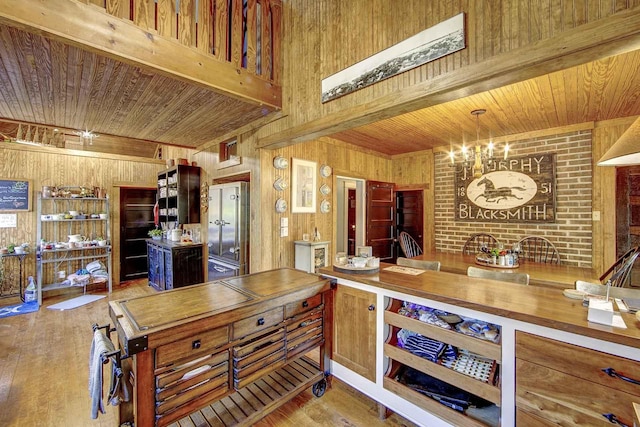 kitchen featuring wood ceiling, wood finished floors, wooden walls, and beam ceiling