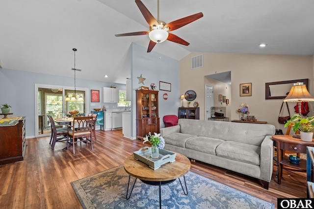116 First Colony Ct Lot 4, Manteo, NC 27954 - living room featuring ceiling fan, wood finished floors, and high vaulted ceiling