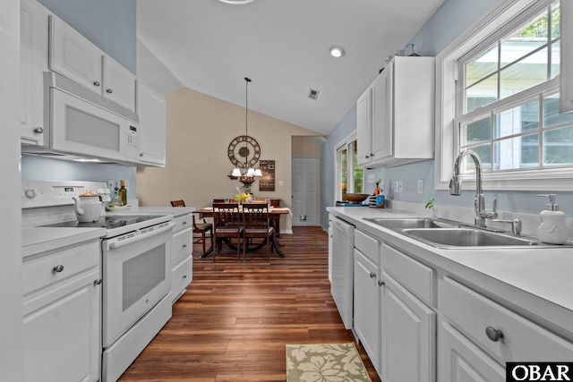 116 First Colony Ct Lot 4, Manteo, NC 27954 - kitchen featuring white appliances, dark wood finished floors, white cabinets, lofted ceiling, and recessed lighting