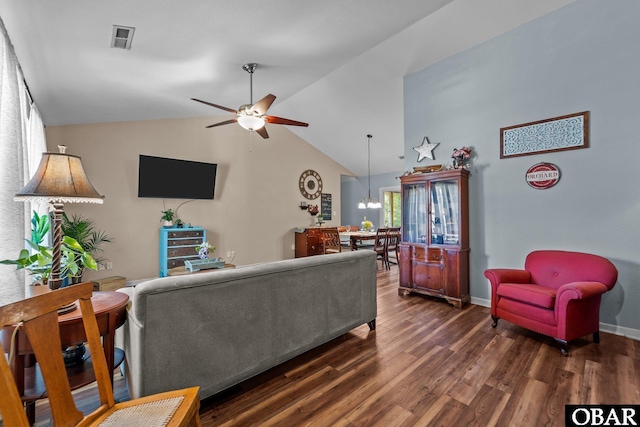 116 First Colony Ct Lot 4, Manteo, NC 27954 - living room with dark wood finished floors, a ceiling fan, and lofted ceiling