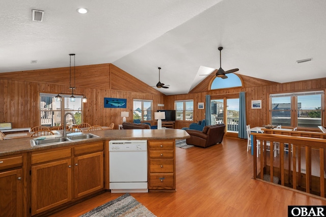 25270 Sea Isle Hills Dr Lot 5-18, Waves, NC 27982 - kitchen with white dishwasher, a sink, wood walls, open floor plan, and vaulted ceiling