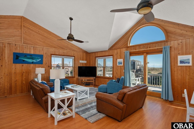 25270 Sea Isle Hills Dr Lot 5-18, Waves, NC 27982 - living area with a ceiling fan, wood walls, and lofted ceiling