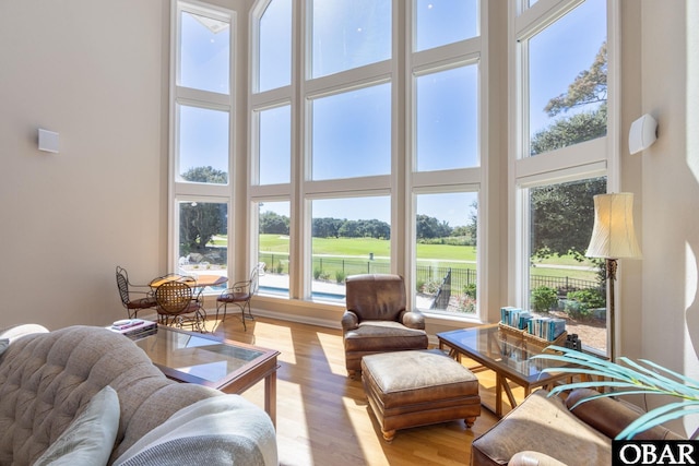 living area with a wealth of natural light, light wood-style flooring, and a towering ceiling