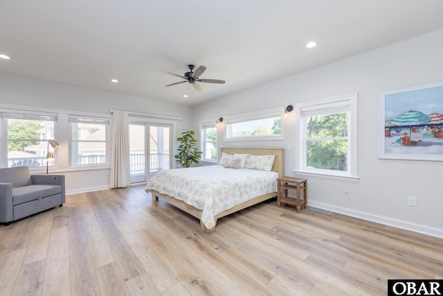 bedroom featuring light wood finished floors, access to outside, baseboards, and recessed lighting