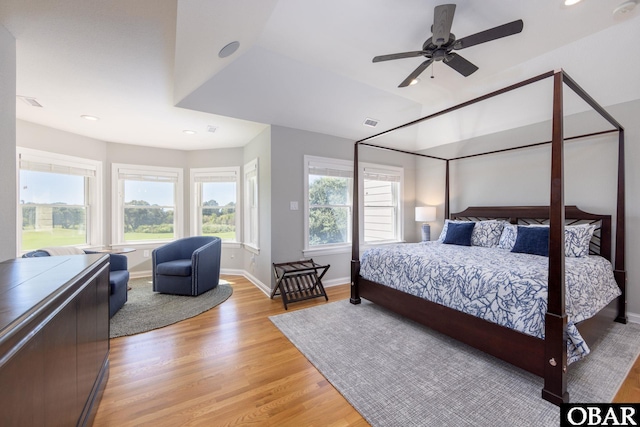 bedroom featuring recessed lighting, visible vents, a ceiling fan, light wood-type flooring, and baseboards