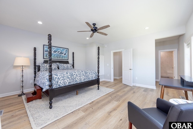 bedroom featuring light wood finished floors, recessed lighting, a ceiling fan, and baseboards