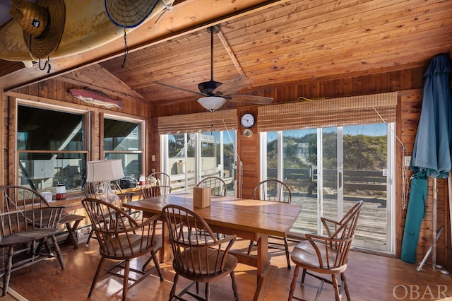 dining space featuring lofted ceiling, wooden ceiling, wooden walls, and wood finished floors