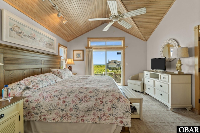 bedroom with access to exterior, wood ceiling, and light carpet