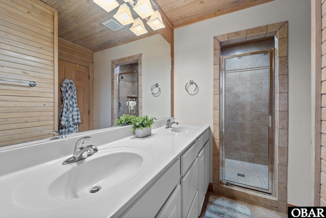 full bathroom with a sink, wooden ceiling, a shower stall, and visible vents