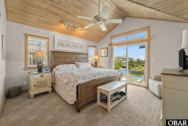 bedroom featuring wood ceiling, access to outside, light carpet, and multiple windows