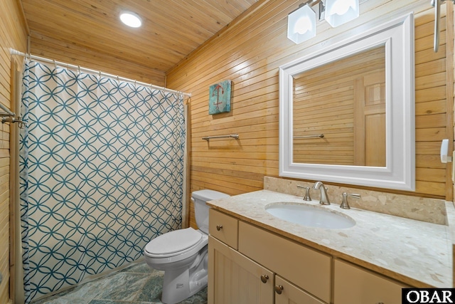 full bathroom with wood ceiling, wood walls, vanity, toilet, and a shower with shower curtain