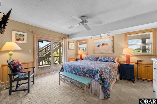 bedroom with track lighting, access to outside, light carpet, and wainscoting