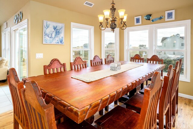 dining area with a chandelier, light wood finished floors, visible vents, and baseboards