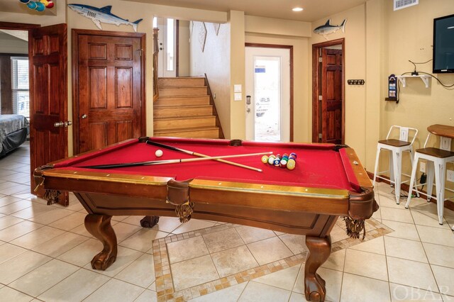 playroom featuring light tile patterned floors, visible vents, pool table, and recessed lighting