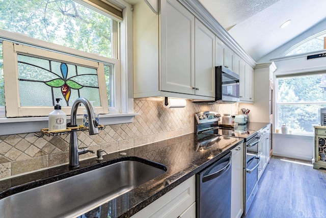 kitchen with tasteful backsplash, dark stone counters, vaulted ceiling, stainless steel appliances, and a sink