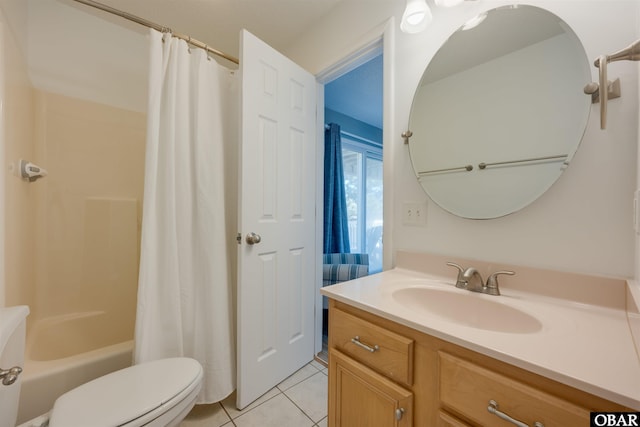 bathroom with shower / tub combo, tile patterned flooring, vanity, and toilet