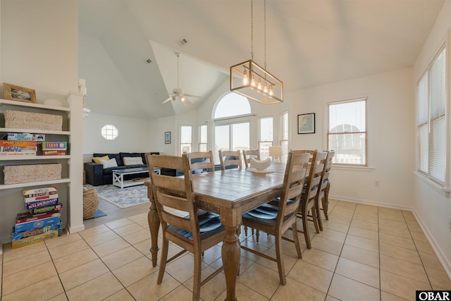 dining room with high vaulted ceiling, visible vents, baseboards, and light tile patterned floors