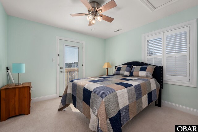 bedroom with baseboards, ceiling fan, visible vents, and light colored carpet