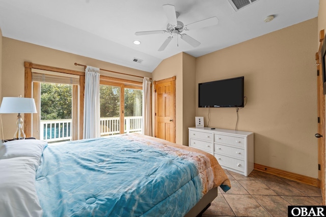 109 Duck Ridge Village Ct Lot 14, Duck, NC 27949 - bedroom with access to exterior, lofted ceiling, baseboards, ceiling fan, and light tile patterned flooring