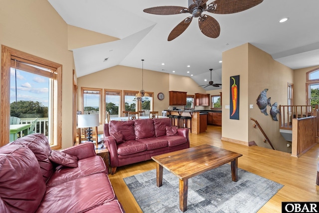 109 Duck Ridge Village Ct Lot 14, Duck, NC 27949 - living area featuring a ceiling fan, high vaulted ceiling, light wood-style floors, and recessed lighting