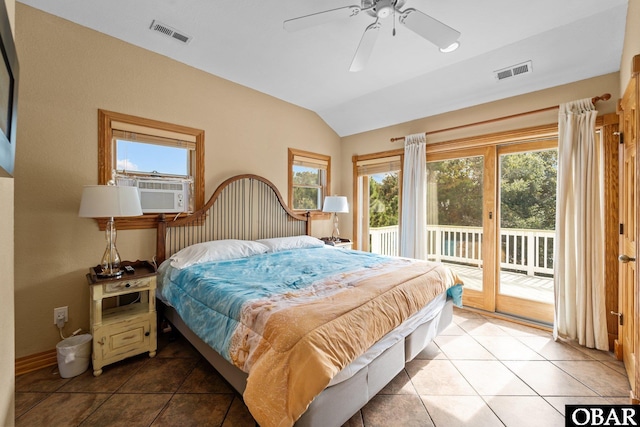 109 Duck Ridge Village Ct Lot 14, Duck, NC 27949 - tiled bedroom featuring cooling unit, access to exterior, vaulted ceiling, multiple windows, and ceiling fan