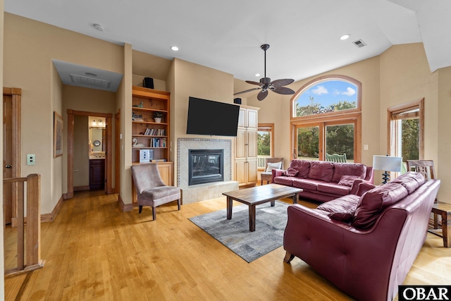 109 Duck Ridge Village Ct Lot 14, Duck, NC 27949 - living room featuring ceiling fan, a glass covered fireplace, light wood-style floors, recessed lighting, and baseboards