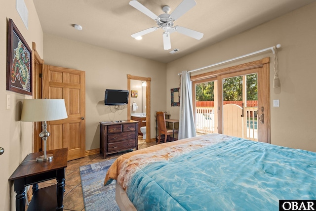 109 Duck Ridge Village Ct Lot 14, Duck, NC 27949 - tiled bedroom with access to outside, ensuite bath, baseboards, and a ceiling fan