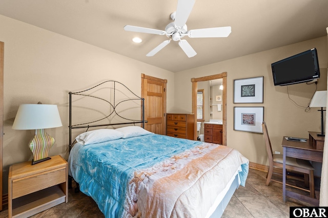 109 Duck Ridge Village Ct Lot 14, Duck, NC 27949 - bedroom with baseboards, ensuite bath, a ceiling fan, and light tile patterned floors