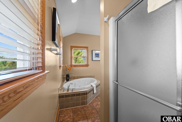 109 Duck Ridge Village Ct Lot 14, Duck, NC 27949 - bathroom with a garden tub, vaulted ceiling, a shower stall, and tile patterned flooring