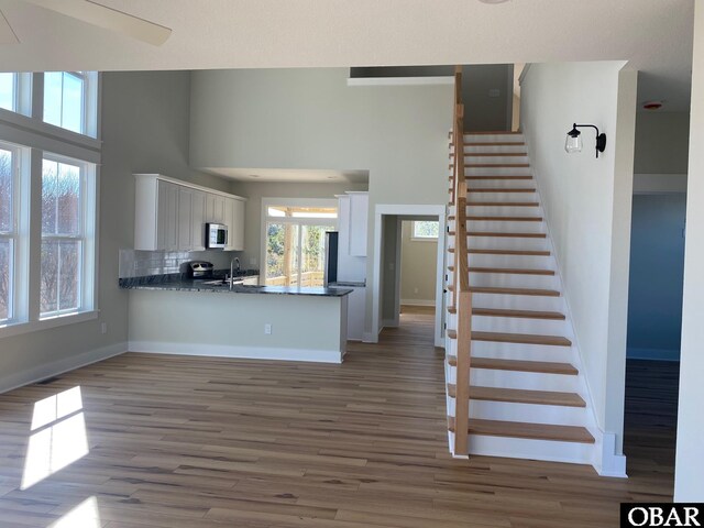 kitchen with a peninsula, a sink, white cabinets, dark wood-style floors, and stainless steel microwave