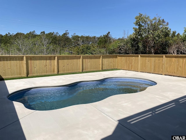 view of pool featuring a fenced backyard, a fenced in pool, and a patio area