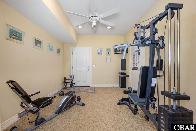 workout area with a ceiling fan, recessed lighting, carpet floors, and baseboards