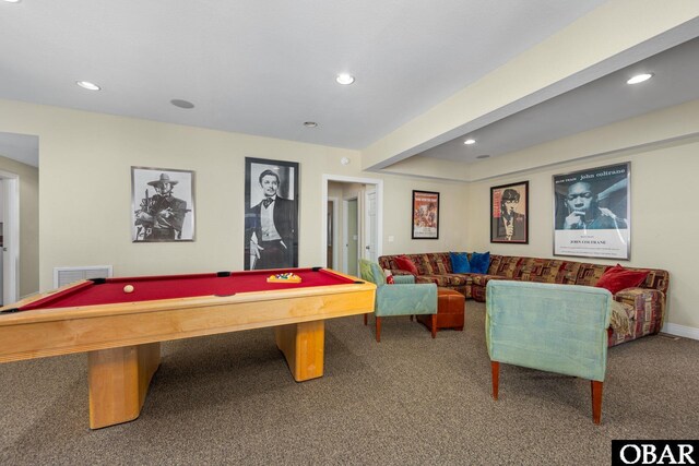 recreation room with visible vents, beamed ceiling, pool table, carpet, and recessed lighting