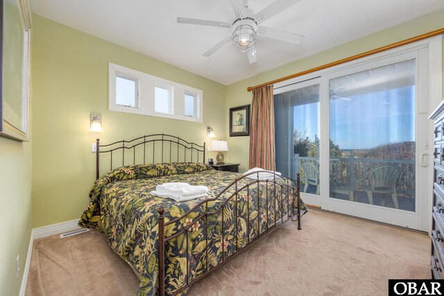 bedroom featuring carpet, visible vents, ceiling fan, and baseboards