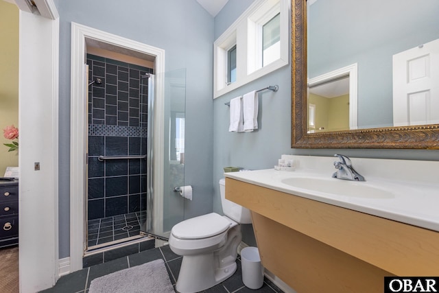 full bath with a stall shower, vanity, toilet, and tile patterned floors