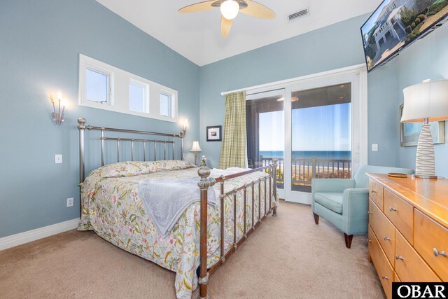 bedroom with visible vents, baseboards, a ceiling fan, light colored carpet, and access to outside