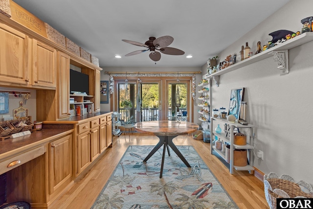 interior space with ceiling fan, light wood-type flooring, baseboards, and recessed lighting