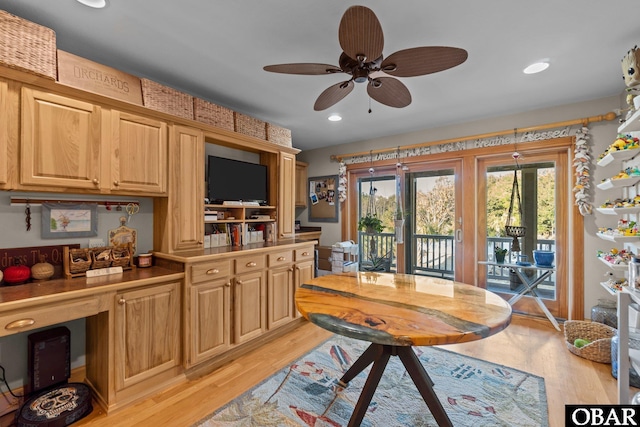 kitchen featuring light wood-type flooring, ceiling fan, and recessed lighting