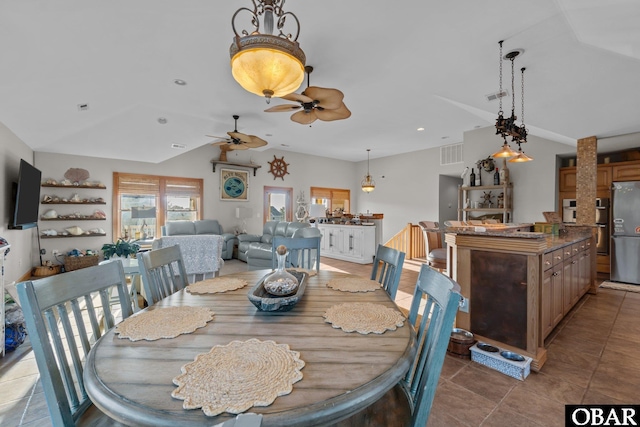 tiled dining room featuring lofted ceiling, ceiling fan, visible vents, and recessed lighting