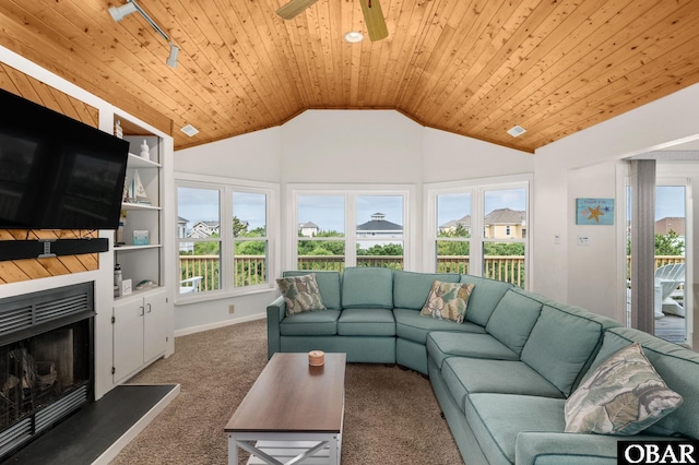 1045 Whalehead Dr Lot 27, Corolla, NC 27927 - living room with carpet flooring, vaulted ceiling, ceiling fan, wood ceiling, and plenty of natural light