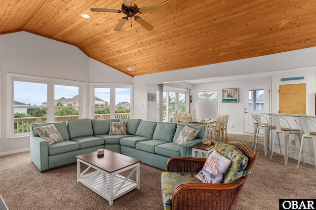 1045 Whalehead Dr Lot 27, Corolla, NC 27927 - carpeted living area with ceiling fan, high vaulted ceiling, baseboards, and wood ceiling