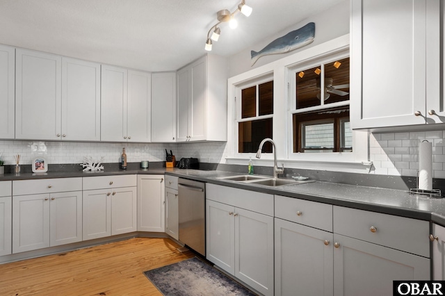 300 S Virginia Dare Trl Lot 1, Kill Devil Hills, NC 27948 - kitchen featuring stainless steel dishwasher, dark countertops, decorative backsplash, light wood-style floors, and white cabinetry